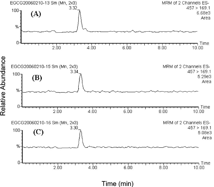 Representative MRM chromatogram showing EGCG in rat brain tissues at 15 min after EGCG administration (50 mg/kg, iv): (A) cortex; (B) brain stem; (C) hippocampus.