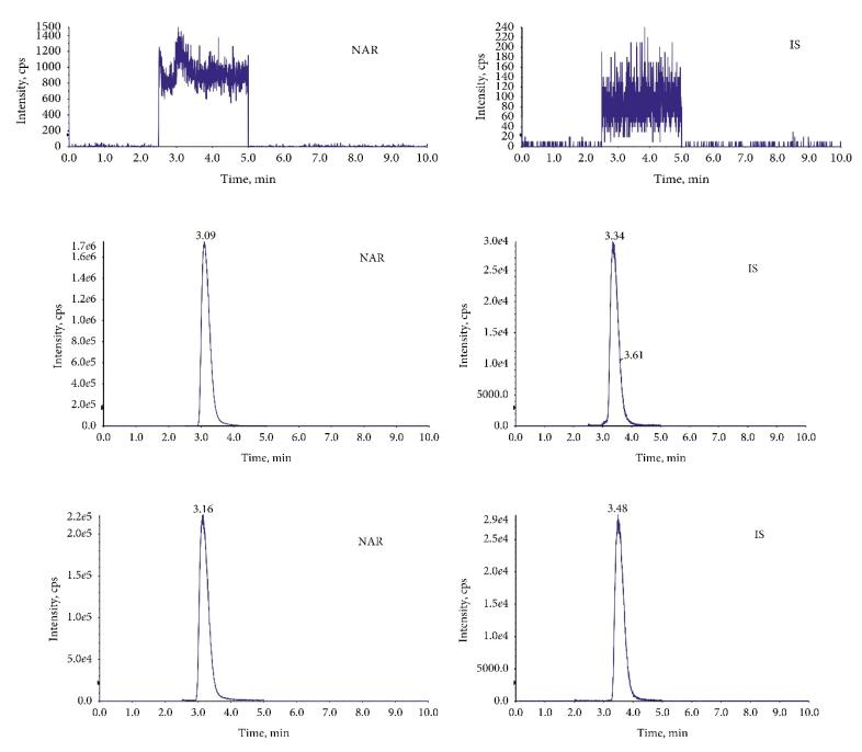 The chromatograms of MRM: (a) blank plasma, (b) plasma mixed with NAR, and (c) plasma after oral administration of NAR.