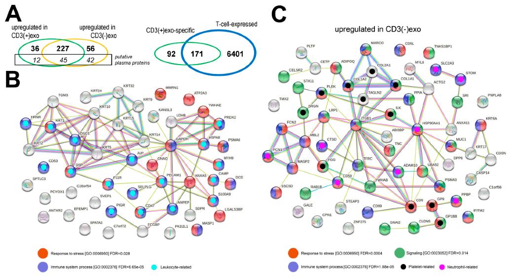 The proteins that were identified in the CD3(+) and CD3(−) fractions of the sEVs from human plasma