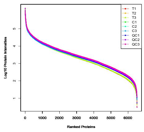 Proteins ranked by quantity (x-axis) with corresponding quantification values (y-axis).