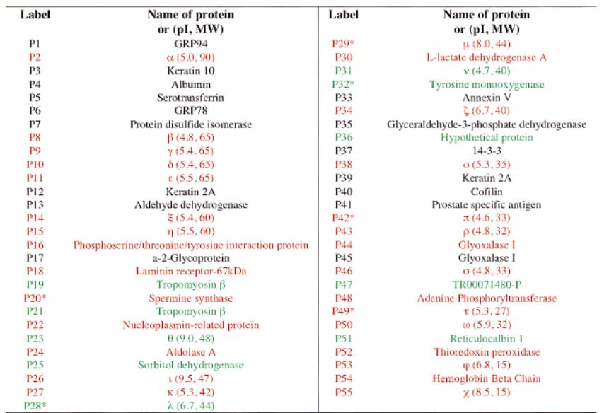 Proteins that were unchanged (black text), upregulated in tumors (red text), or downregulated in tumors (green text)