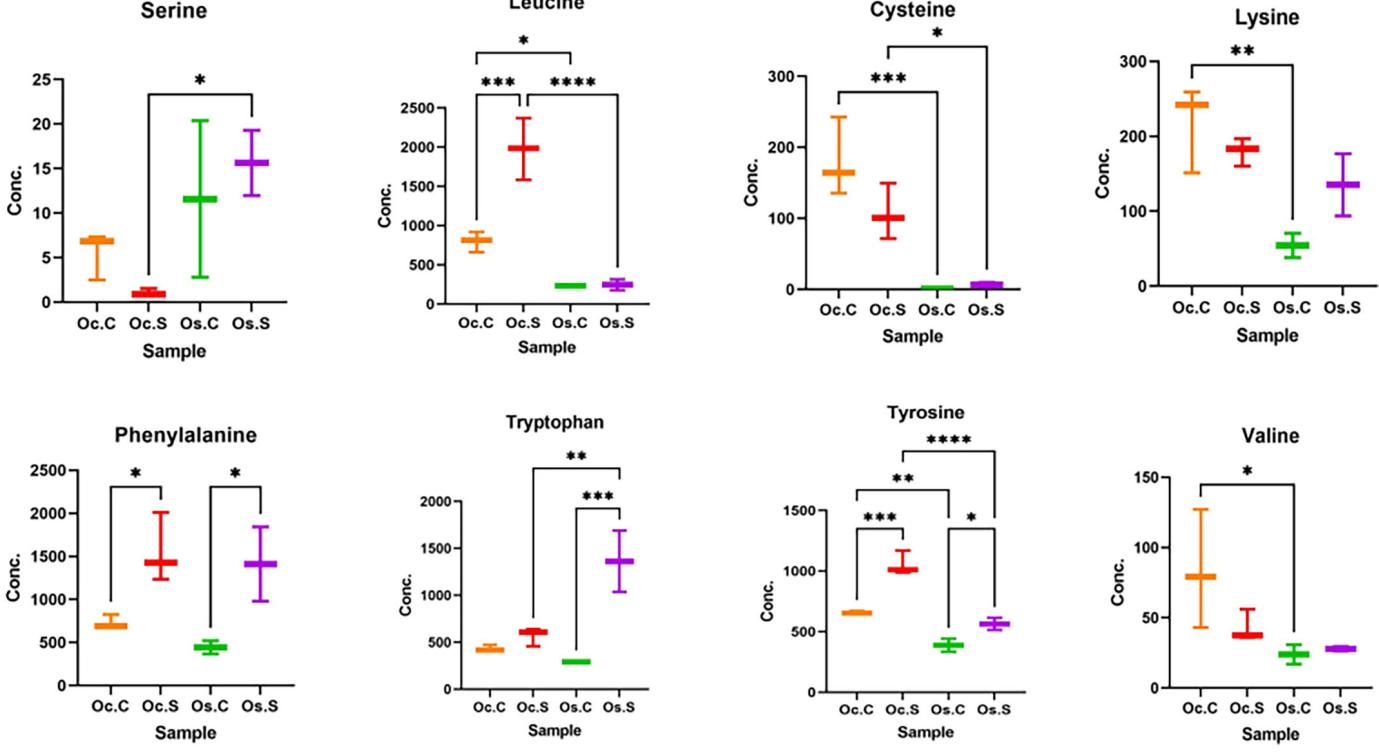 Comparison of amino acid levels in four sample groups