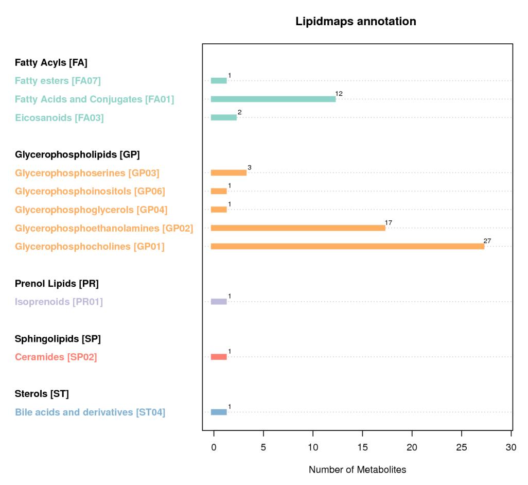 Identification to metabolites in lipidmaps database class and sub class classification statistics