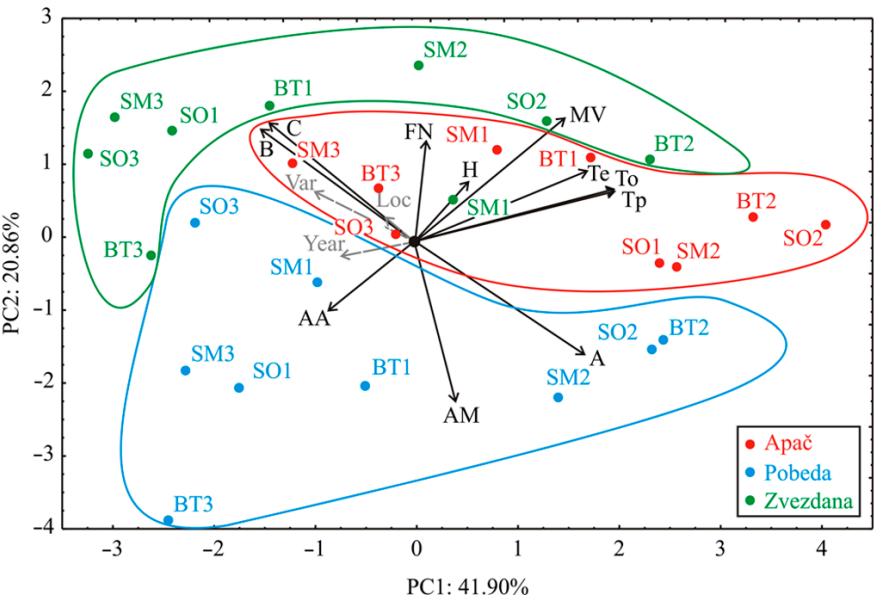 PCA biplot showing separation of wheat samples based on variety, location, and harvest year. Varieties are color-coded: Apač (red), Pobeda (blue), Zvezdana (green). Year 1 samples are centered, Year 2 on the right, and Year 3 on the left.