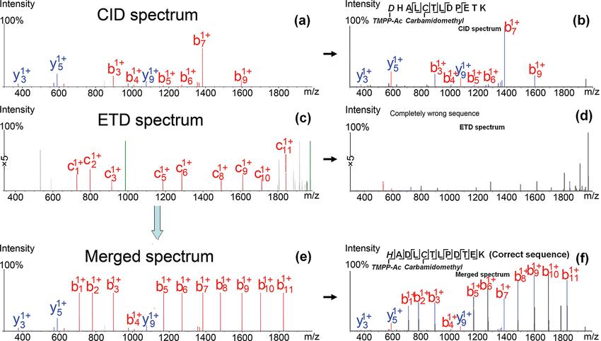 De novo peptide sequencing results of tandem MS spectra of peptide HADICTLPDTEK