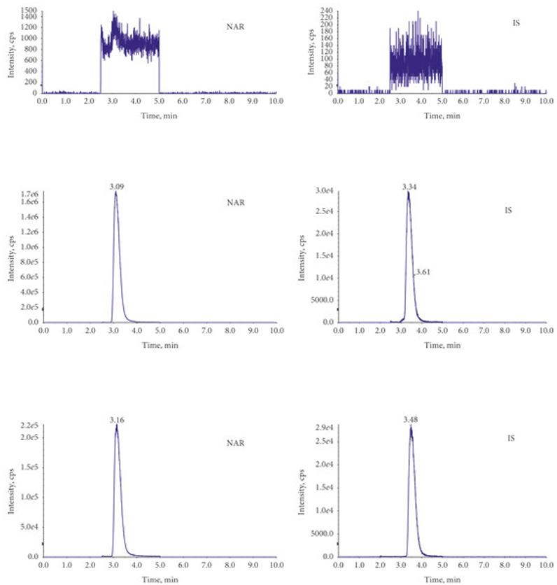 The chromatograms of MRM: (a) blank plasma, (b) plasma mixed with NAR, and (c) plasma after oral administration of NAR.