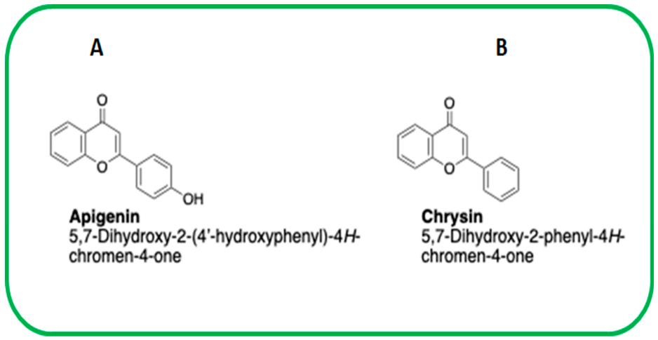 Diagram showing the chemical structures and IUPAC names of apigenin and chrysin.