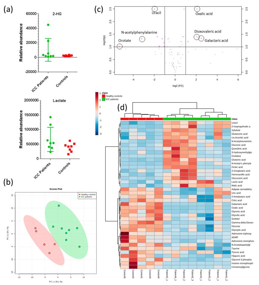 Univariate and multivariate statistical analysis of untargeted metabolomics data. (a) Box plots. (b) PCA scores plot. (c) Volcano plot. (d) Hierarchical clustering.